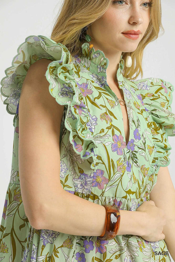 Tiered Floral Dress W/ Ruffle Sleeves- Sage