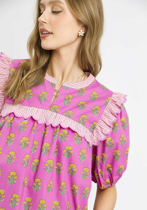 Mix Floral Ruffle Yoke Puff Sleeve Blouse- Pink Mix
