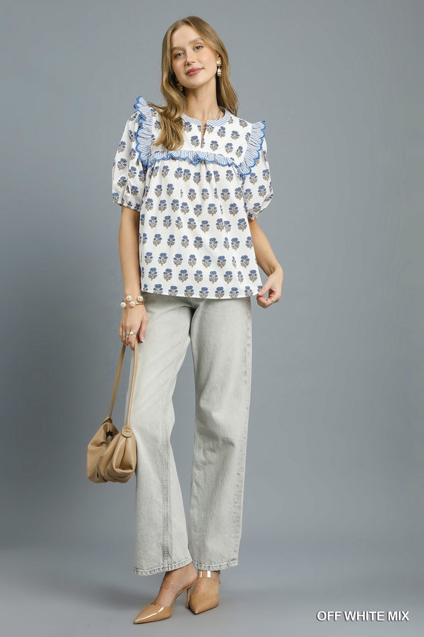 Mix Floral Ruffle Yoke Puff Sleeve Blouse- Off White Mix