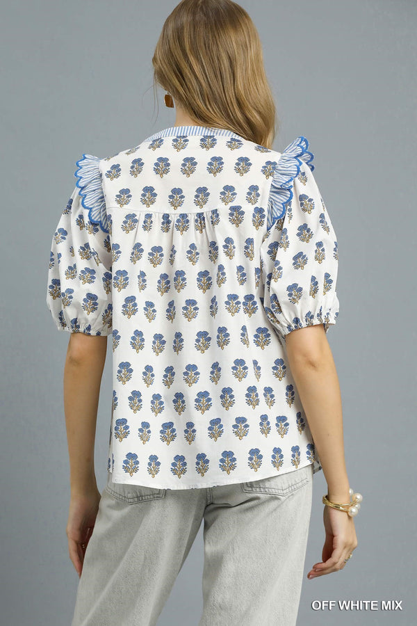 Mix Floral Ruffle Yoke Puff Sleeve Blouse- Off White Mix