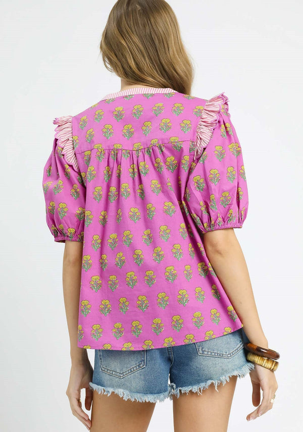 Mix Floral Ruffle Yoke Puff Sleeve Blouse- Pink Mix