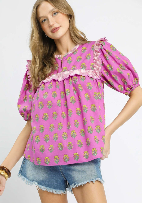 Mix Floral Ruffle Yoke Puff Sleeve Blouse- Pink Mix