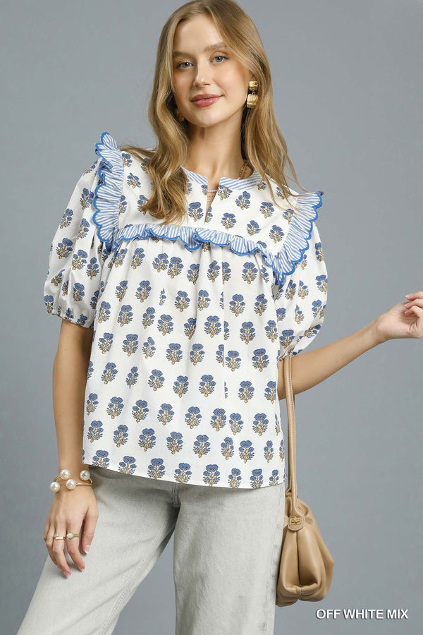 Mix Floral Ruffle Yoke Puff Sleeve Blouse- Off White Mix