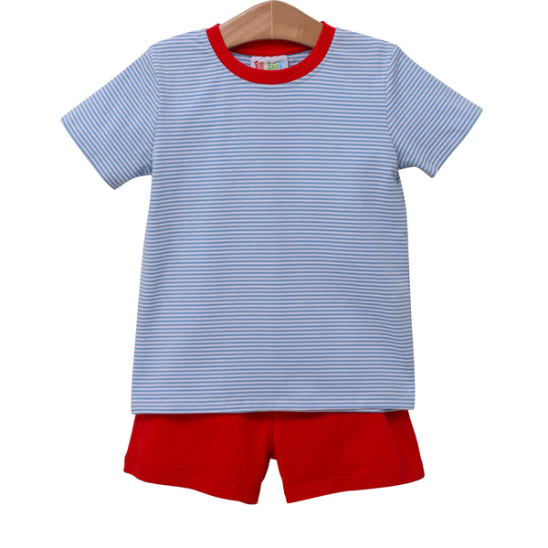 Blue Stripe & Red Short Set