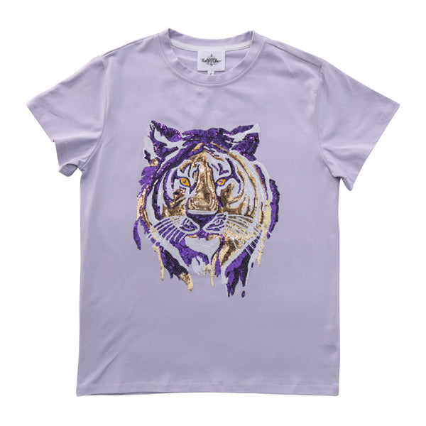 Lavender Tiger Face Sequin Adult Shirt