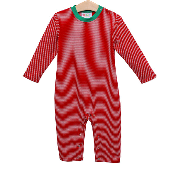 James LS Romper- Red Stripe & Green