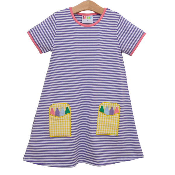 Crayon Pocket Dress-  Lavender Stripe
