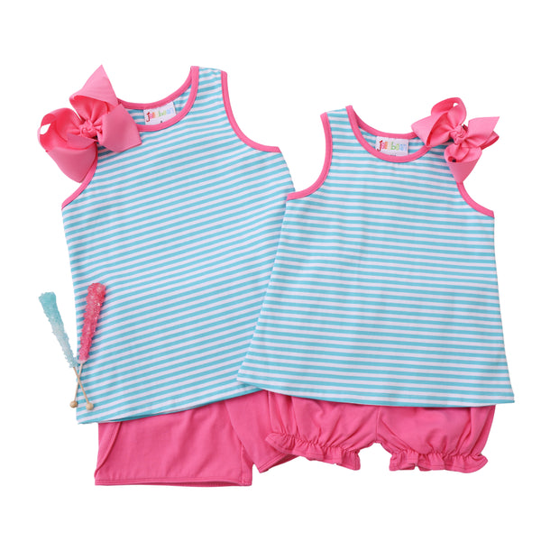 Abby Bow Back Short Set- Aqua Stripe/Hot Pink