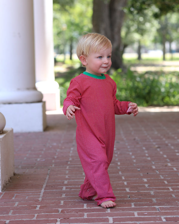 James LS Romper- Red Stripe & Green