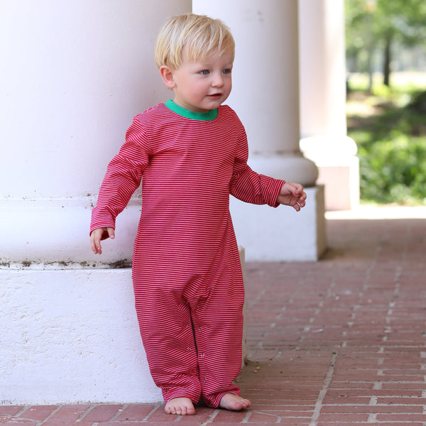 James LS Romper- Red Stripe & Green