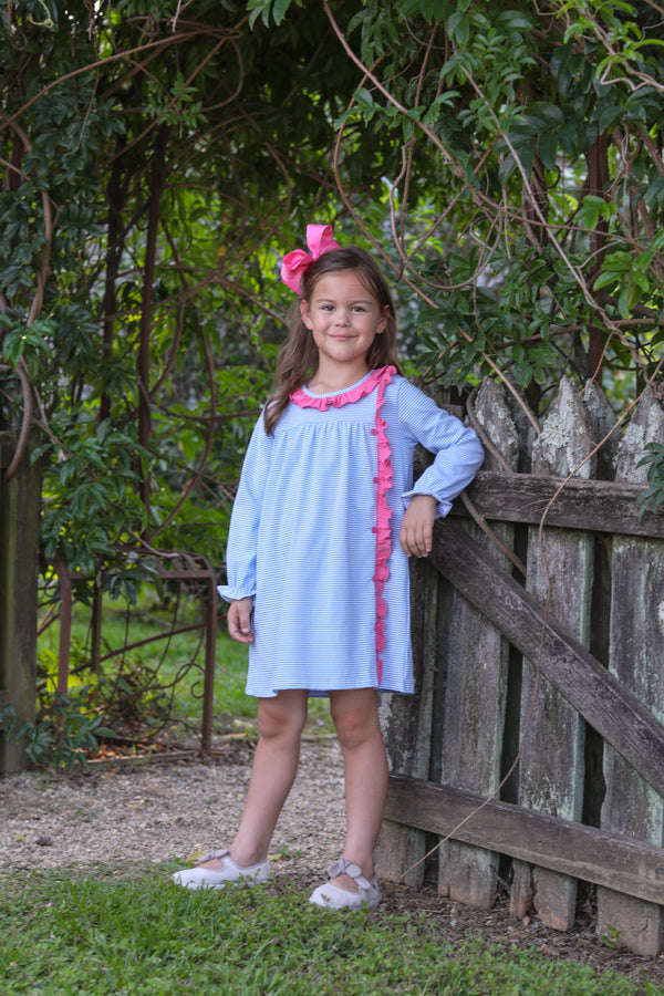 Clara Dress- Cornflower Stripe & Watermelon