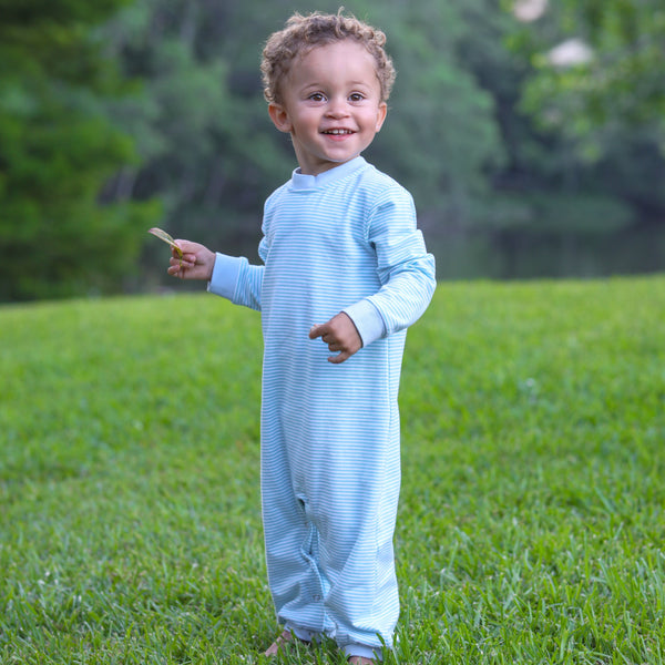 Thomas Romper- Mint Stripe & Blue