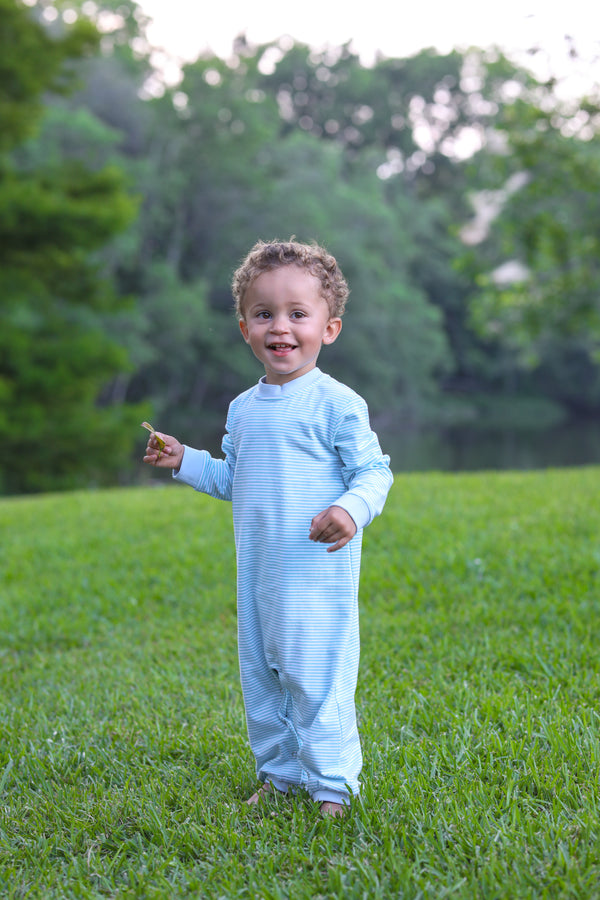 Thomas Romper- Mint Stripe & Blue