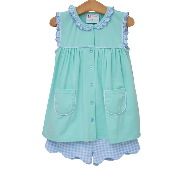 Harper Scallop Short Set- Mint w/ Light Blue Gingham