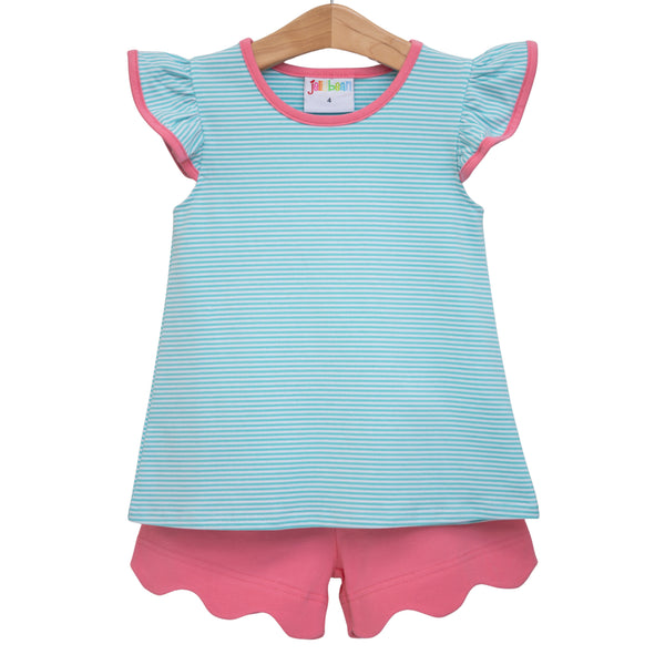Mia Scallop Short Set- Dark Mint Stripe w/ Pink