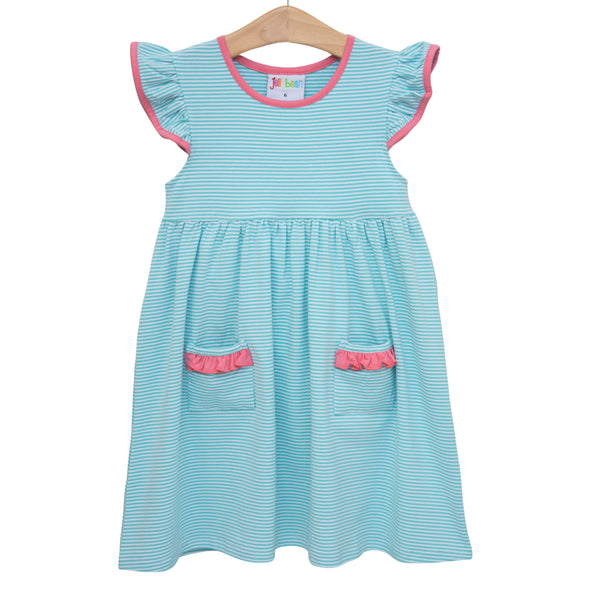 Mia Dress- Dark Mint Strip w/ Pink