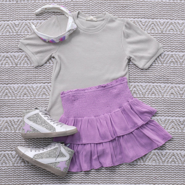 Smocked Ruffle Tiered Mini Skirt- Lavender