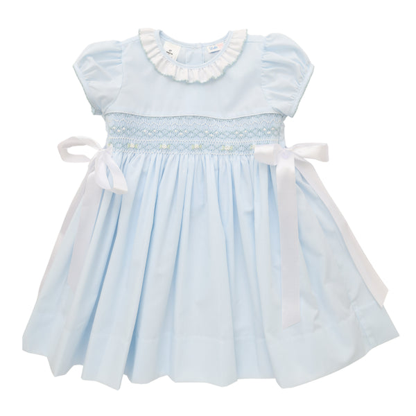 Rose Smocked Dress W/ Bows- Light Blue
