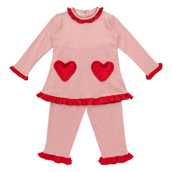 Heart Pocket Ruffle Pants Set- Red Stripe