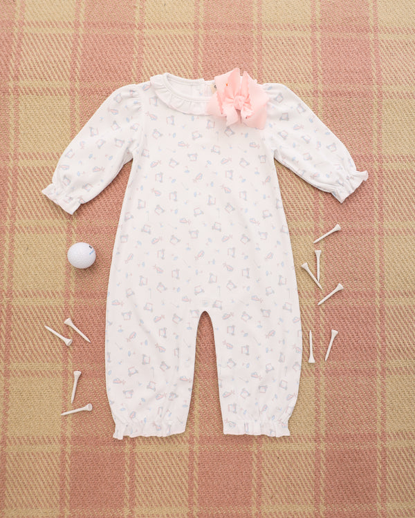 Golf Print Ruffle Romper- Pink