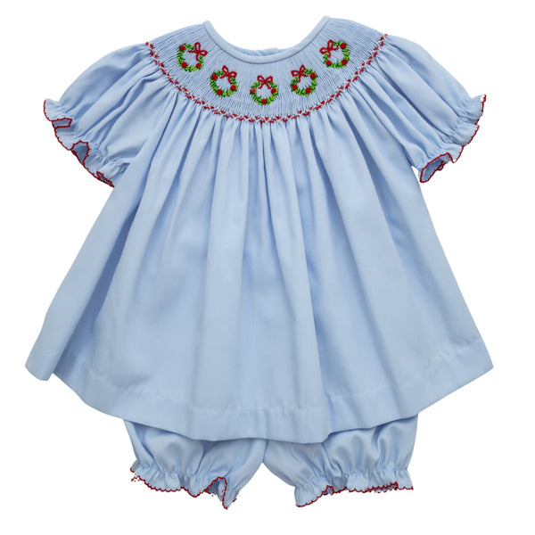 Christmas Wreath Smocked Bishop Emma Bloomer Set