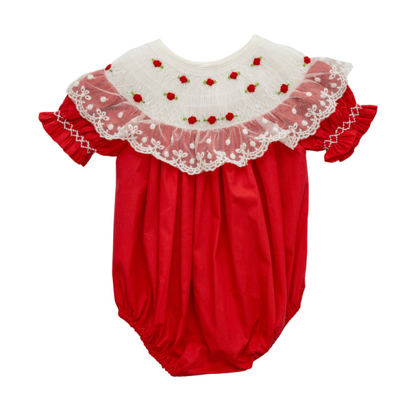 Red Roses Smocked Em Bubble W/ Lace