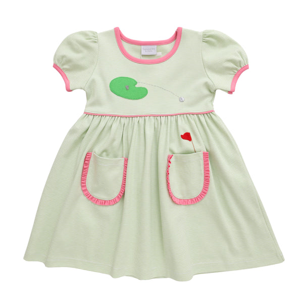 Hole In One Ruffle Pocket Dress- Green Stripe