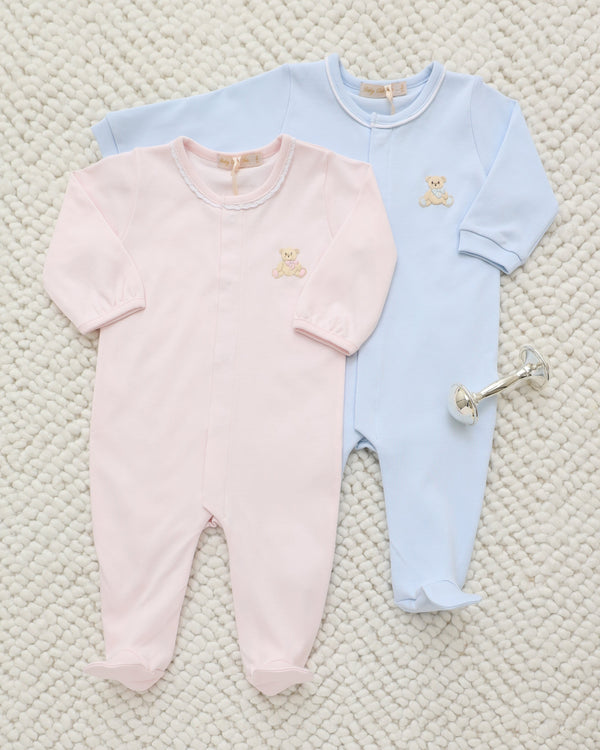 Bear Embroidered Footie- Pink