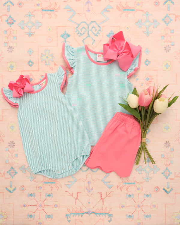 Mia Scallop Short Set- Dark Mint Stripe w/ Pink