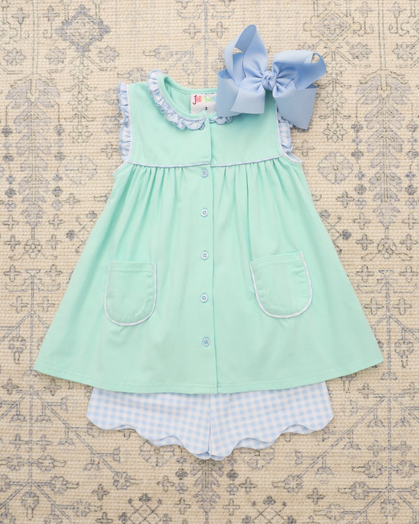 Harper Scallop Short Set- Mint w/ Light Blue Gingham