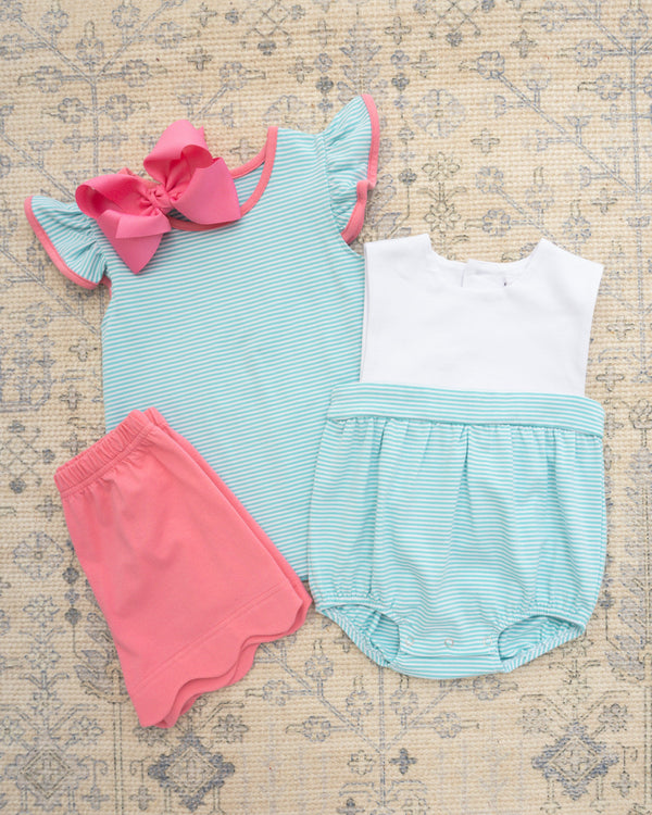 Mia Scallop Short Set- Dark Mint Stripe w/ Pink