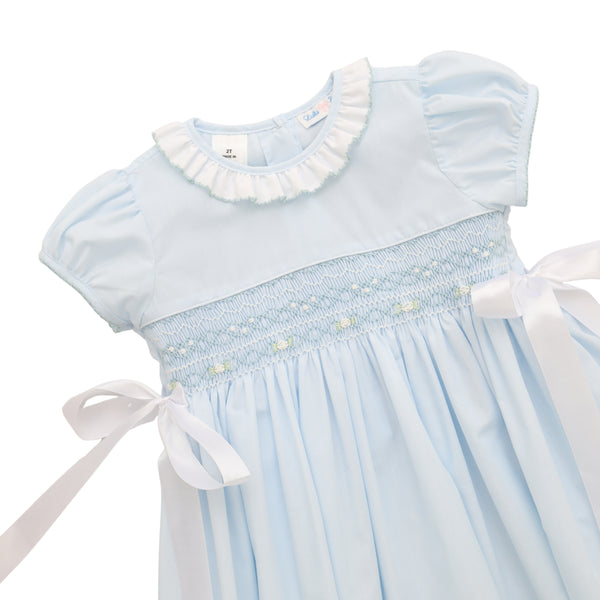 Rose Smocked Dress W/ Bows- Light Blue
