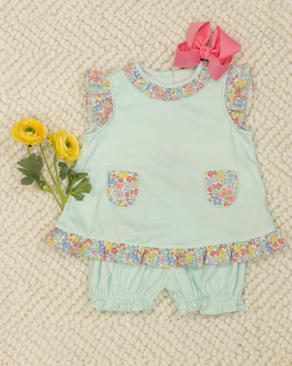 Aqua Stripe W/ Multi Floral Knit Bloomer Set
