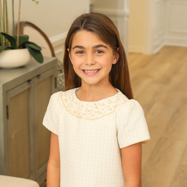 Embroidery Tweed Shift Dress- Ivory