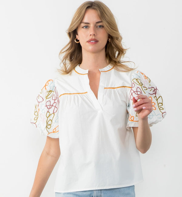Embroidered Puff Sleeve Top White