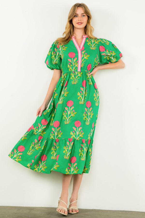 Puff Sleeve Flower Print Maxi Dress- Green