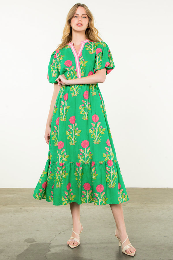 Puff Sleeve Flower Print Maxi Dress- Green