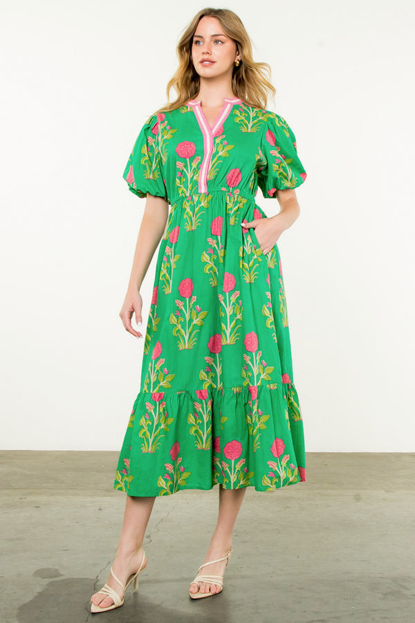 Puff Sleeve Flower Print Maxi Dress- Green