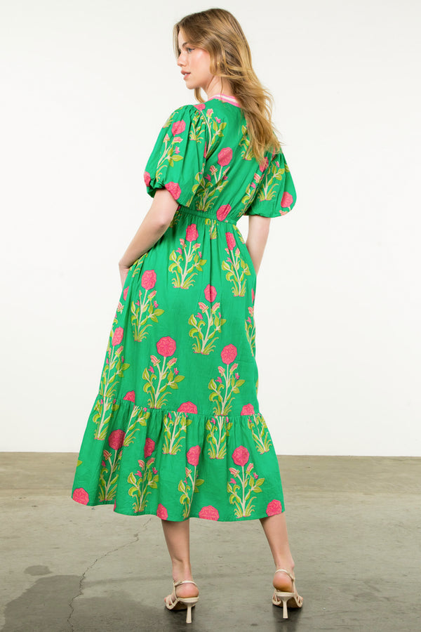 Puff Sleeve Flower Print Maxi Dress- Green