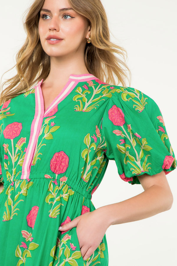 Puff Sleeve Flower Print Maxi Dress- Green