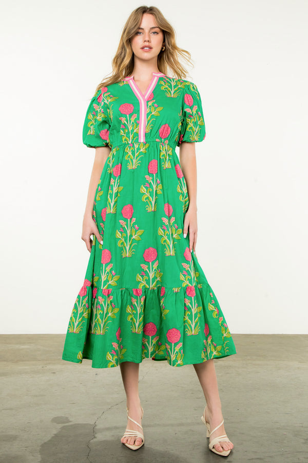 Puff Sleeve Flower Print Maxi Dress- Green