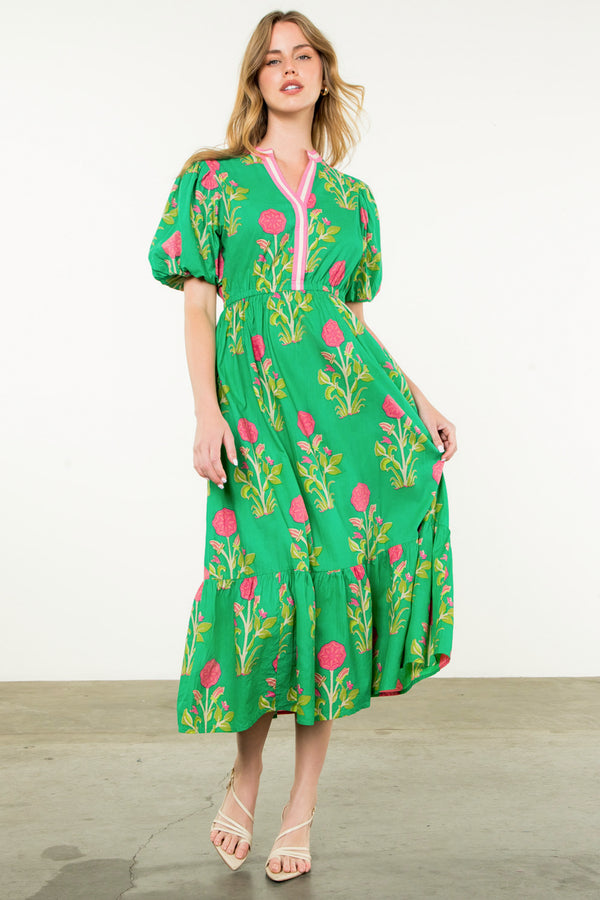 Puff Sleeve Flower Print Maxi Dress- Green