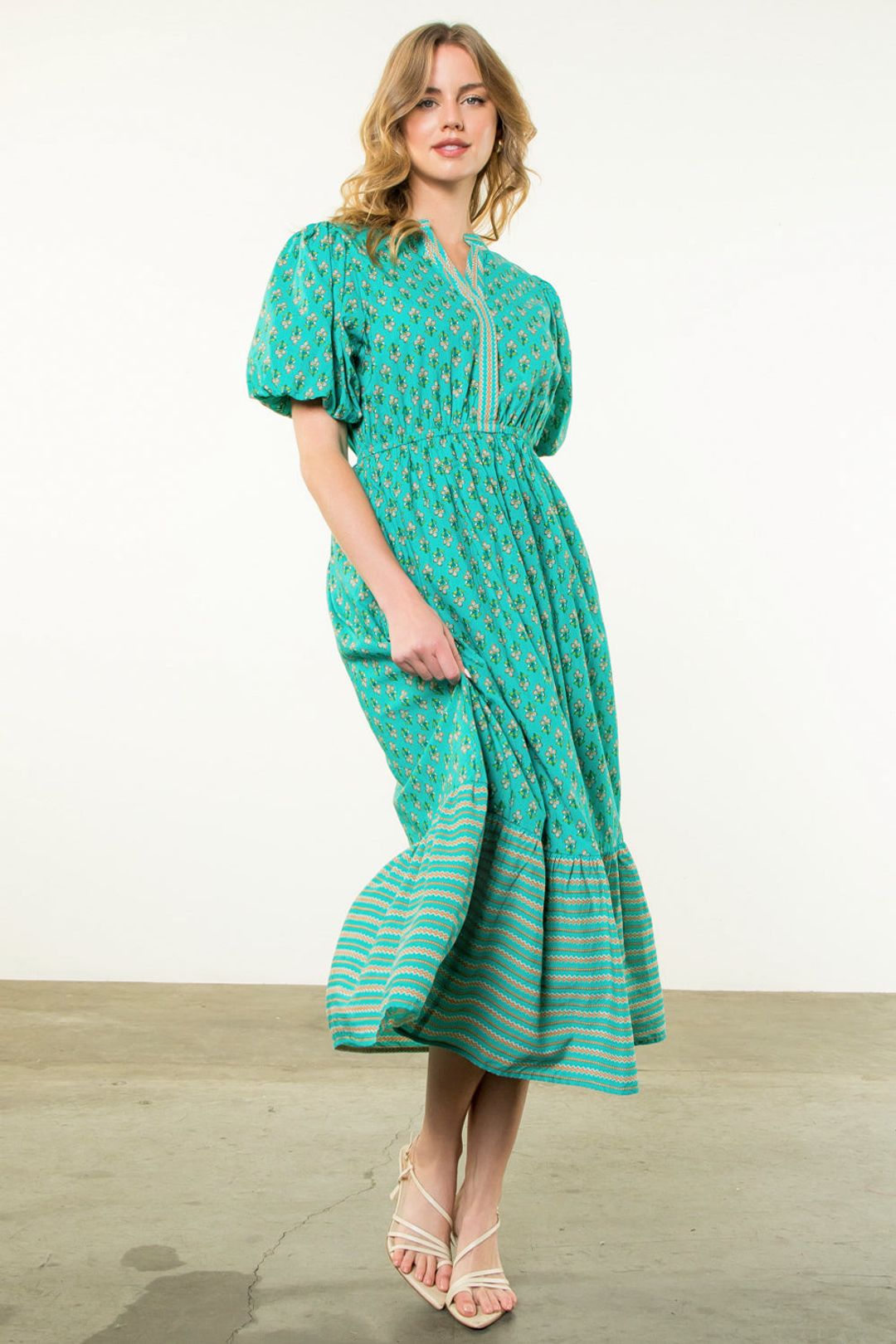 Puff Sleeve Flower Maxi Dress- Teal Adult Large