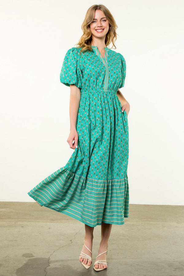 Puff Sleeve Flower Maxi Dress- Teal