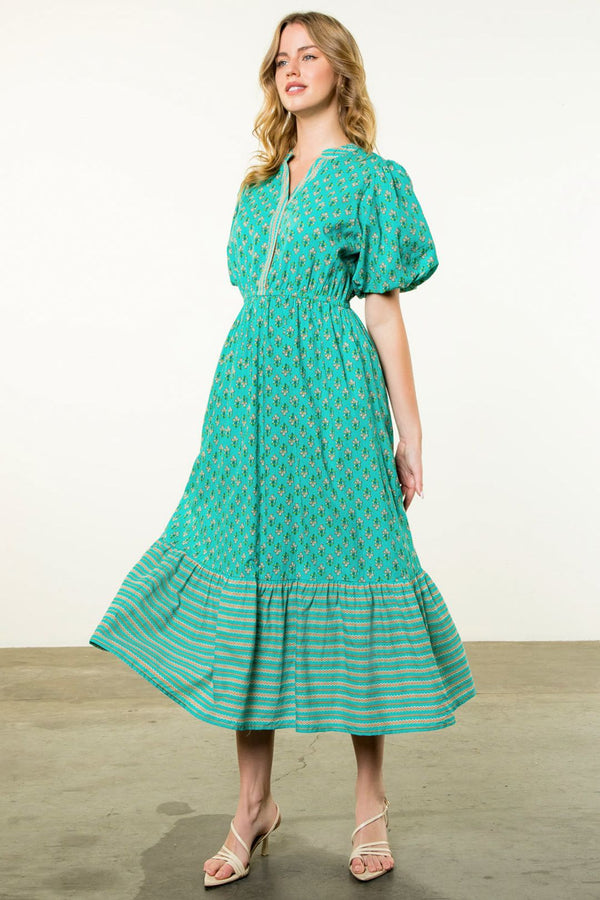 Puff Sleeve Flower Maxi Dress- Teal