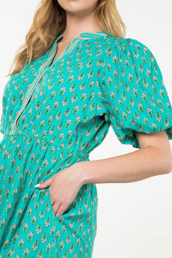 Puff Sleeve Flower Maxi Dress- Teal