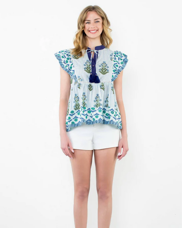 Flutter Sleeve Floral Tassel Tie Top- Blue