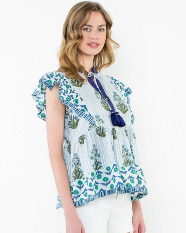 Flutter Sleeve Floral Tassel Tie Top- Blue