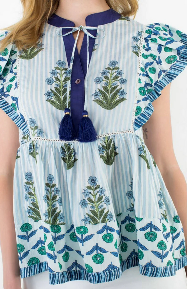 Flutter Sleeve Floral Tassel Tie Top- Blue