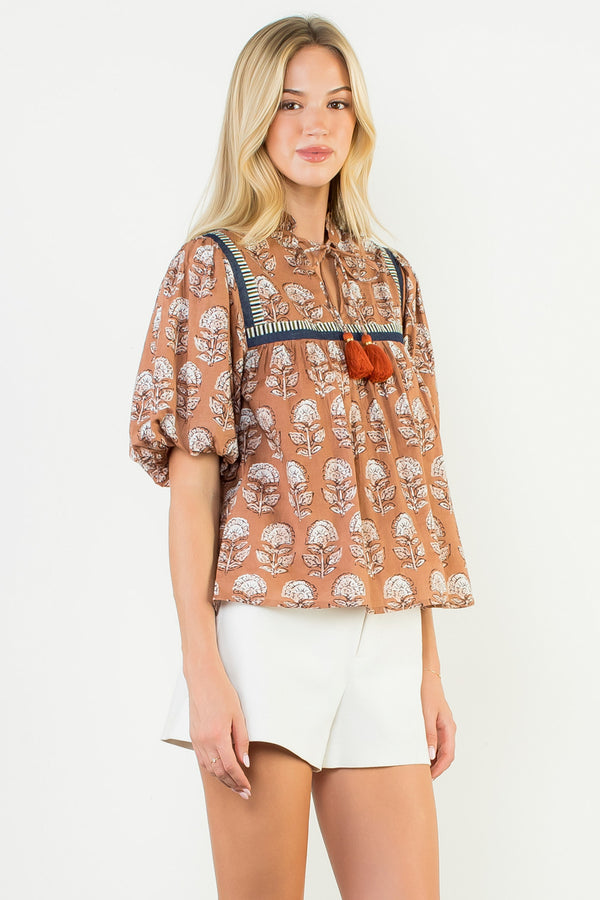 Puff Sleeve Floral Tie Tassel Top